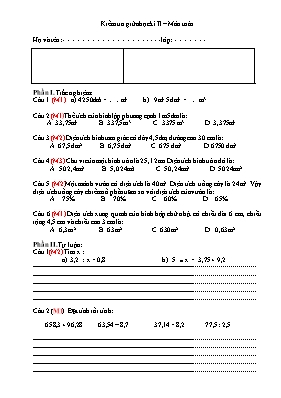 Đề kiểm tra giữa học kỳ II Toán khối 5
